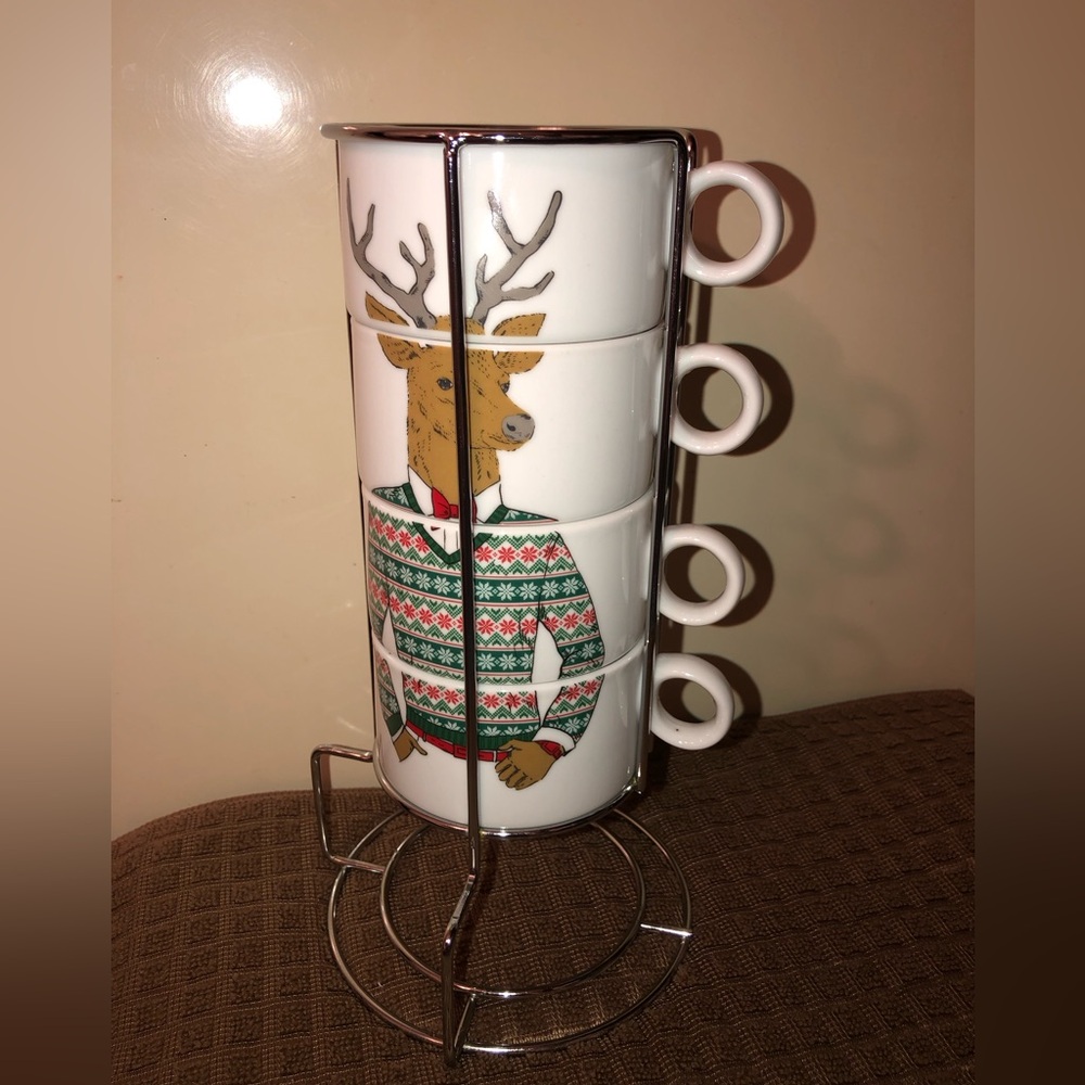 Queenwest Tracing Co., Reindeer in Sweater, 4 Coffee/Espresso Mugs, 4 oz